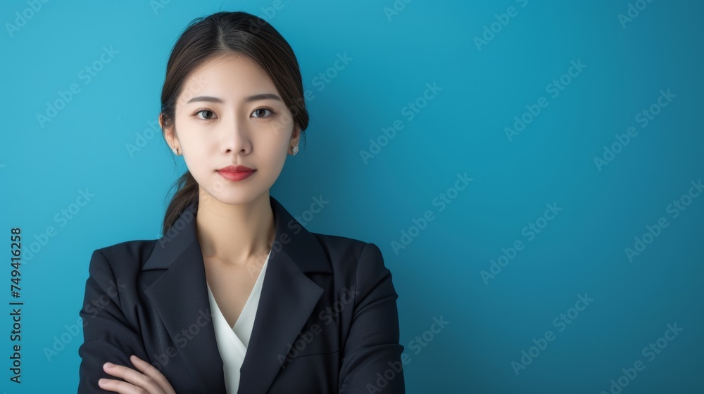Confident professional woman in a business suit against a blue background, ideal for corporate branding or celebrating women's achievements. Confident professional woman in a business suit against a blue background, ideal for corporate branding or celebrating women's achievements.
