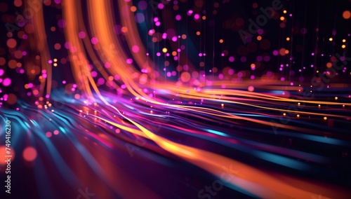 Vibrant abstract image with flowing lines and bokeh effect in orange, pink, and purple tones, suitable for technology-themed events or modern celebrations.
