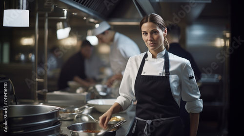 Chef in a restaurant in the kitchen. Smiling woman in the kitchen dressed in chef s clothes. Cooking in a restaurant