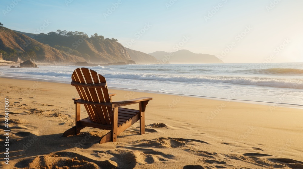 Tranquil beach scene with two empty lounge chairs by the peaceful ocean, ideal for relaxation