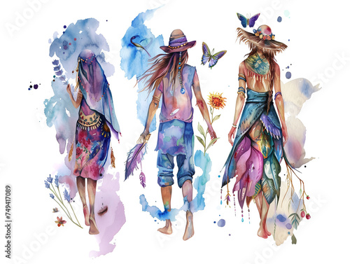 Watercolor illustration of boho peoples hippies on white background