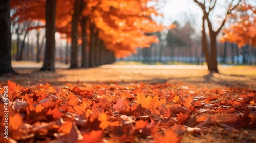 Horizontal Autumn Background with fallen orange leaves near the road in the park on a blurred background of yellow trees. Season, Landscape, Nature, Copy Space.