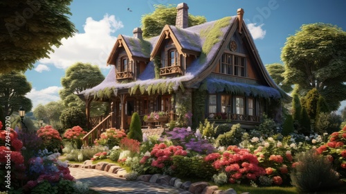 the charm of a quaint Cottage-style home amidst a blooming garden, evoking a cozy and inviting atmosphere © Tina