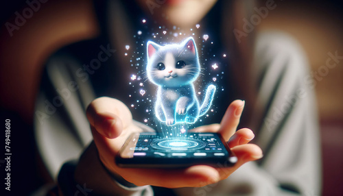 Enchanting Cat Hologram Above Smartphone in Hand