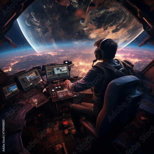 Pilot in spaceship control room