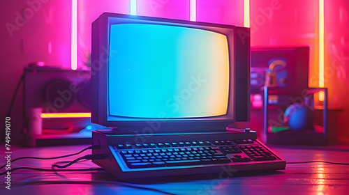 Vintage computer with CRT monitor from 80s or 90s and neon colors lights