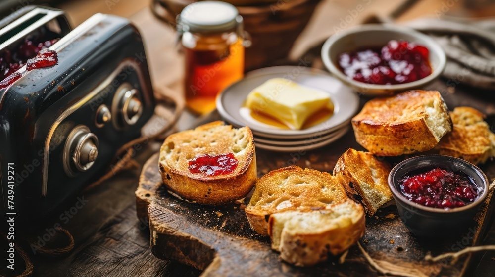 the charm of a retro toaster with English muffins browning, served alongside a classic breakfast spread of jams and butter the charm of a retro toaster with English muffins browning, served alongside a classic breakfast spread of jams and butter