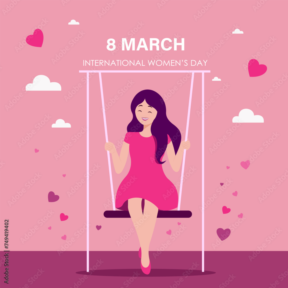 International women's day. Girl on a swing. Greeting card. Flat vector illustration International women's day. Girl on a swing. Greeting card. Flat vector illustration