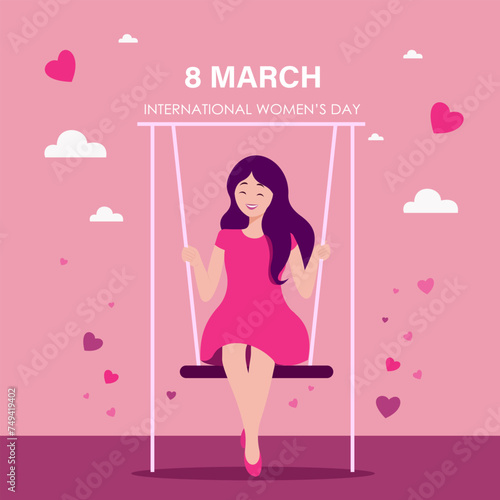 International women's day. Girl on a swing. Greeting card. Flat vector illustration