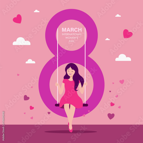 International women's day. Girl on a swing. Greeting card. Flat vector illustration