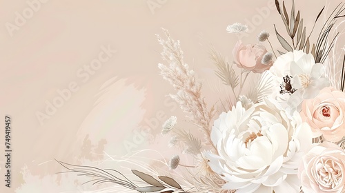 Modern beige and blush trendy vector design banner. Pastel pampas grass, fern, white peony, pale magnolia, ranunculus, pink rose. Watercolor brush texture.Wedding boho card. Isolated. Generative Ai