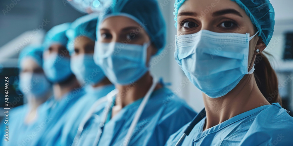 Medical team in scrubs and masks standing in operating room during surgery procedure Medical team in scrubs and masks standing in operating room during surgery procedure