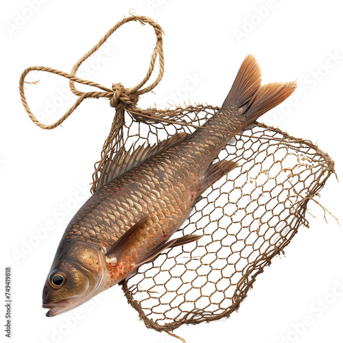 Fish swimming near a fishing net - isolated on a white background 