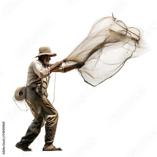 Fisherman casting a net - isolated on a white background 