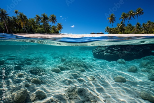 title. tropical beach with palm trees and serene lagoon - relaxing island escape,