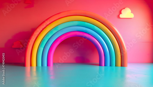 Rainbow arch against a vibrant pink background. 