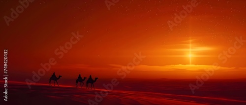 Beautiful Vast desert with silhouette of camel across the Dunes. starry sky. copy space. for Ramadan banner. presentation.