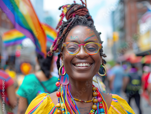 A vibrant and joyful portrait of a woman celebrating at a Pride parade, adorned with rainbow flags and a beaming smile. 