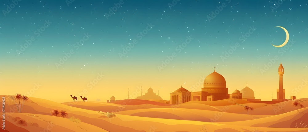 Vast desert with moon, mosque and palm or dates trees illustration. starry sky. bright background. copy space. for Ramadan banner. presentation.	
