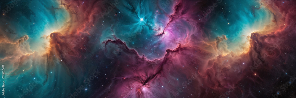 Cosmic background with a blue purple nebula and stars - obrazy, fototapety, plakaty 
