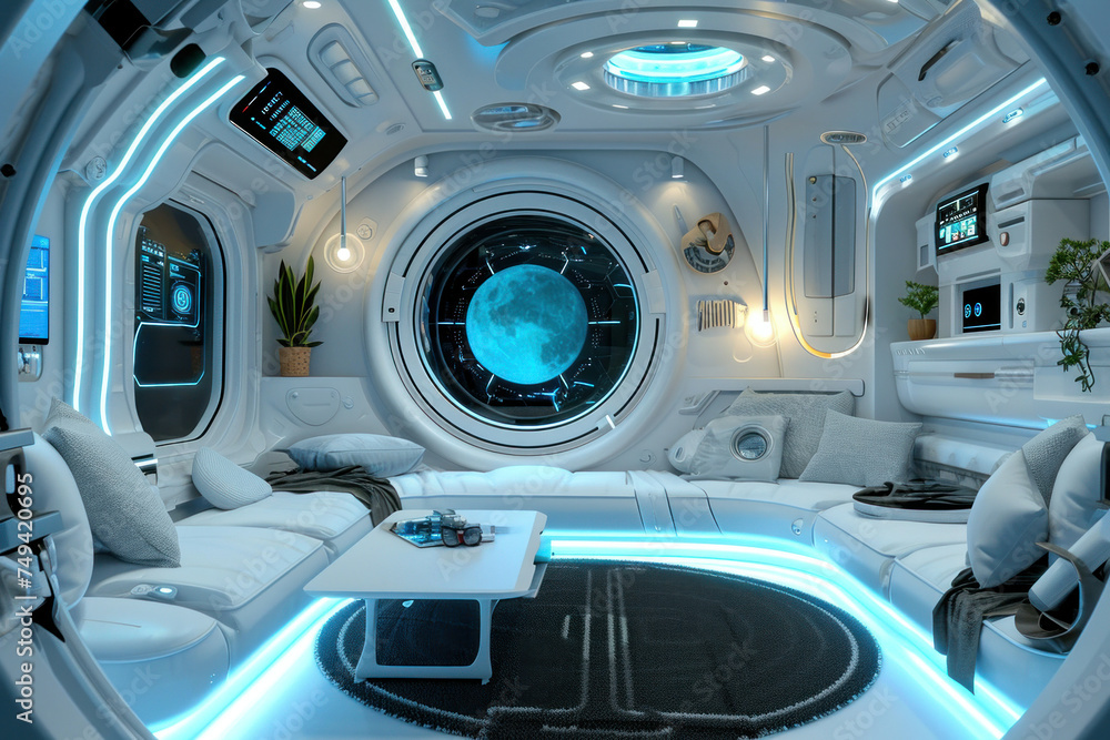 Futuristic interior of a spaceship with a large window in the middle of the room overlooking deep space Futuristic interior of a spaceship with a large window in the middle of the room overlooking deep space