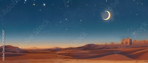 Beautiful Dusk Vast desert with crescent. copy space. for Ramadan banner. presentation.