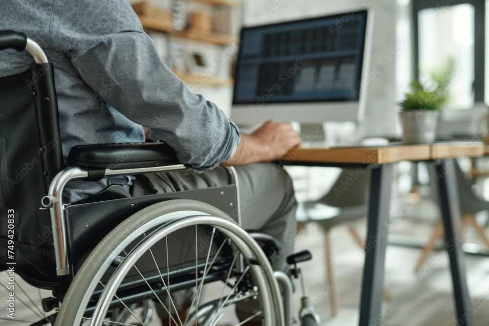 Obraz premium Down Syndrome or sick person Disabled in a wheelchair Working on a computer at office Future labor