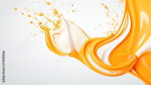Vibrant liquid splash, white and orange fluid waves collide in a dynamic motion isolated on a clean background