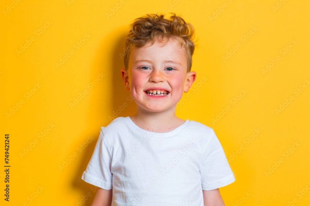 Focus Down syndrome Happy face Modeling white Shirt on a yellow background sick person Focus Down syndrome Happy face Modeling white Shirt on a yellow background sick person