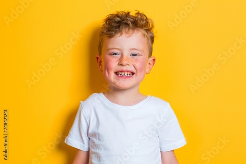 Focus Down syndrome Happy face Modeling white Shirt on a yellow background sick person