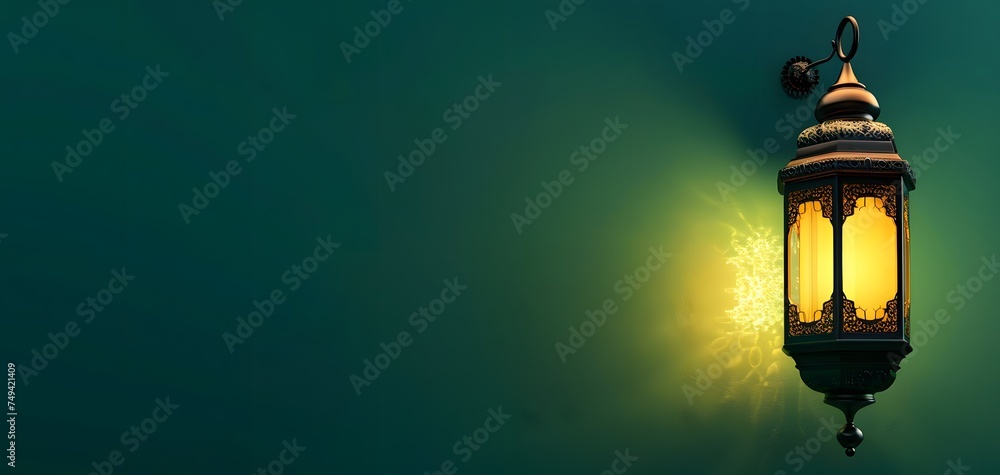 Arabic lantern for Ramadan celebrates isolated on Emerald green background. Banner, mubarak, kareem, copy space concept, mockup. Arabic lantern for Ramadan celebrates isolated on Emerald green background. Banner, mubarak, kareem, copy space concept, mockup.