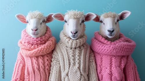a group of sheep wearing sweaters