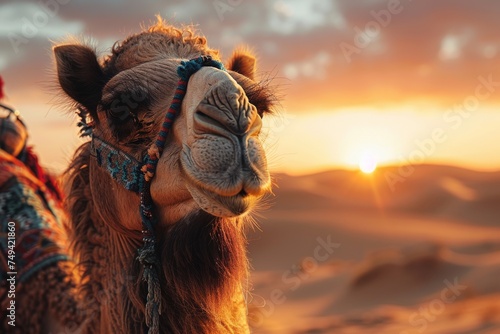 Close-up portrait of a camel on a desert background © Tetiana Kasatkina