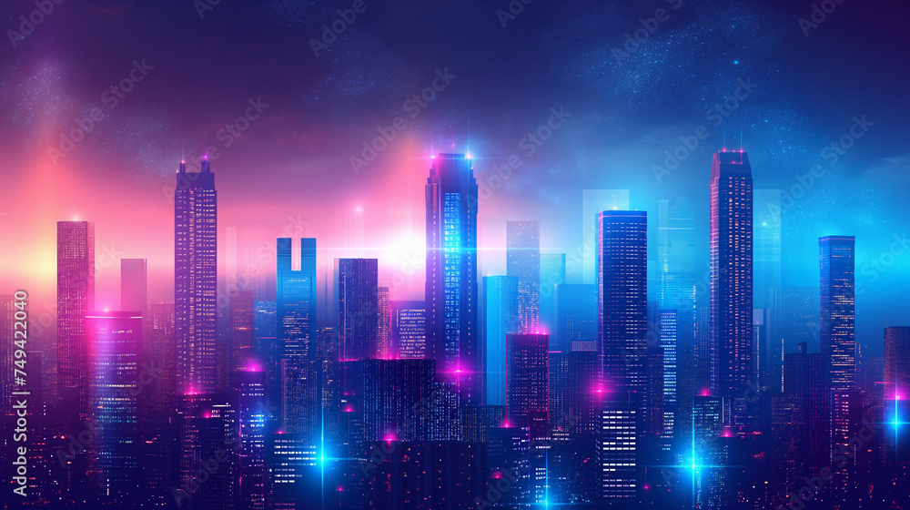 Vector illustration urban architecture, cityscape with space and neon light effect. Modern hi-tech, science, futuristic technology concept. Abstract digital high tech city design for banner background