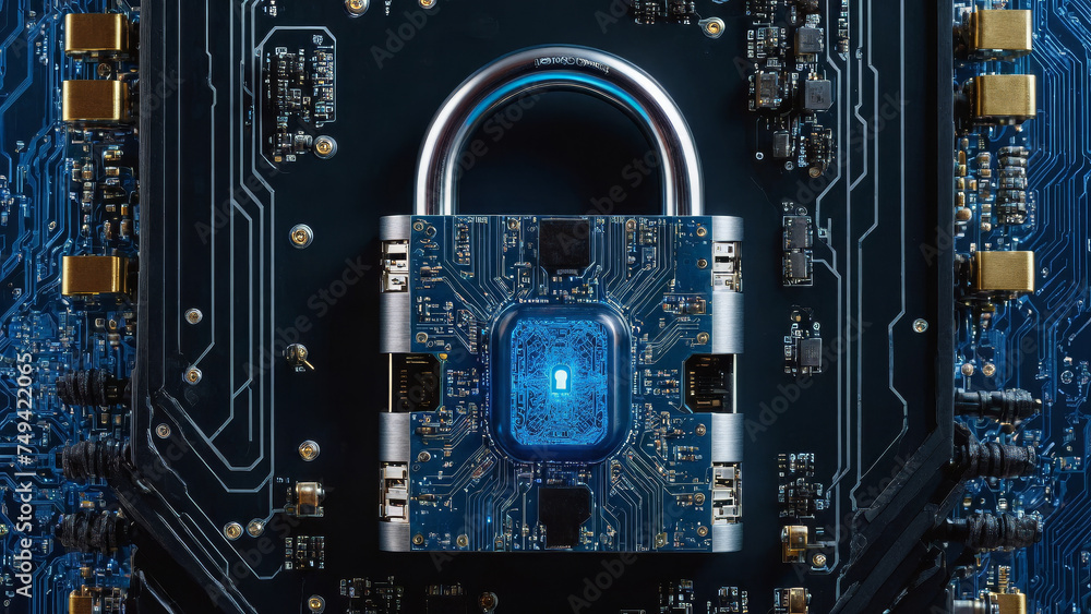 Fototapeta premium Cybersecurity concept, giant hologram lock, cybersecurity, human android robot, artificial intelligence, digital threat, computer virus, secure data concept, hacker, hack attack