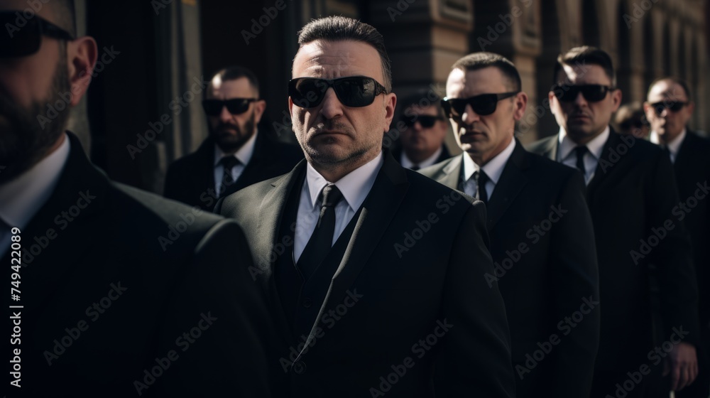 Funeral of a mafia boss. Sad faces. Mourning. People dressed in black - obrazy, fototapety, plakaty 