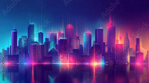 Vector illustration urban architecture  cityscape with space and neon light effect. Modern hi-tech  science  futuristic technology concept. Abstract digital high tech city design for banner background