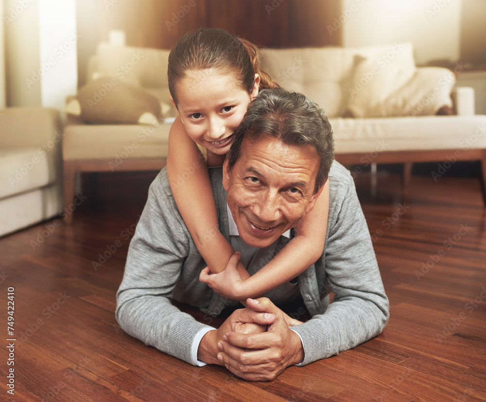 Portrait, home and grandfather on the floor, girl and happiness with love and vacation. Face, apartment and elderly man with grandchild or bonding together with fun and playing with holiday and relax Portrait, home and grandfather on the floor, girl and happiness with love and vacation. Face, apartment and elderly man with grandchild or bonding together with fun and playing with holiday and relax