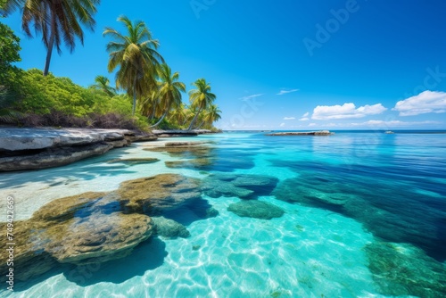 Tranquil tropical beach landscape with palm trees and serene blue lagoon  perfect vacation getaway