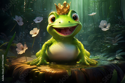 A frog's spirit, gleaming green, hops from its lily pad, welcomed by a frog angel with a crown of water droplets, jumping towards the heavenly pond © Anocha