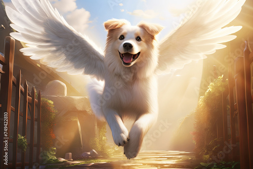 A dog's soul, shimmering in white, leaps joyfully towards a canine angel, who wags its tail by the pearly gates photo