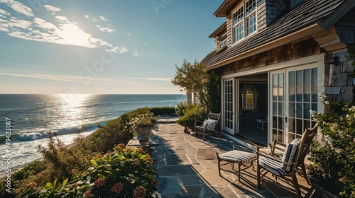 the coastal charm of a Hamptons-style beach house with shingle siding, overlooking the ocean © Tina