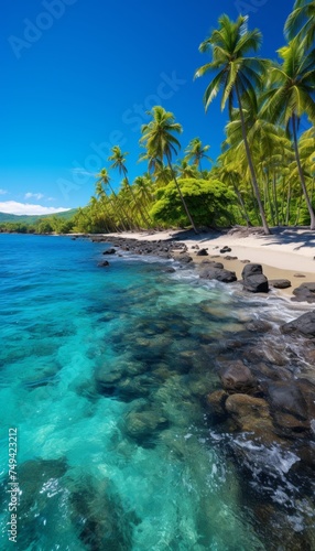 Idyllic tropical beach scene with palm trees and serene lagoon, perfect summer paradise getaway