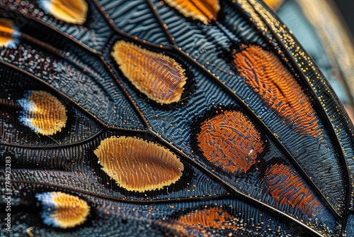 A close-up view reveals the intricate patterns and delicate structure of a butterflys wing feathers. Generative AI