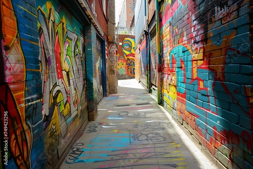 Alley is covered in graffiti, with vibrant and bold artwork adorning the walls. The graffiti adds a sense of urban grit and character to the alley. Generative AI © Azhorov