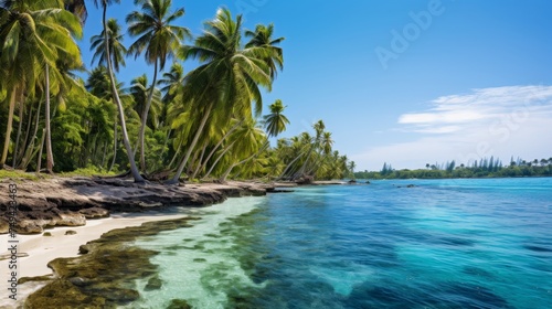 Scenic tropical beach view with palm trees and serene lagoon for relaxation and vacation getaways