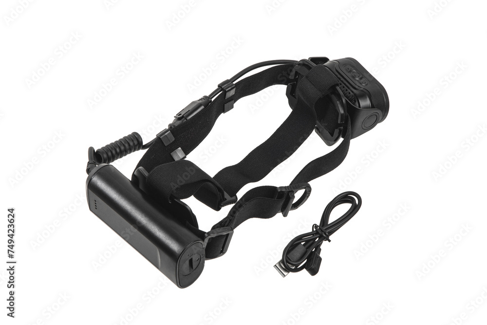 Modern LED headlamp. A flashlight for when you need your hands free. Isolate on a white back Modern LED headlamp. A flashlight for when you need your hands free. Isolate on a white back