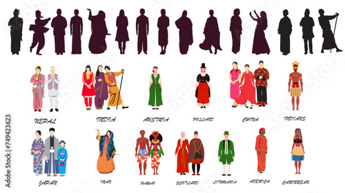 set illustration of people of different nation traditional dress