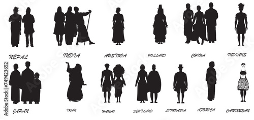 set of silhouettes of people traditional dress