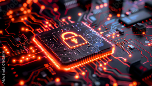 High-tech cybersecurity concept with digital lock symbol on a red glowing circuit board, illustrating computer data protection and network security.
